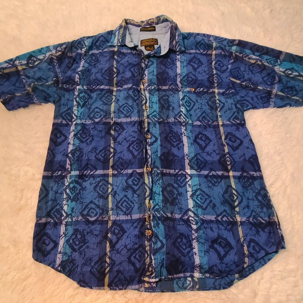 Vintage Eddie Bauer Shirt Men Large L Blue Superior Madras Abstract Print EUC